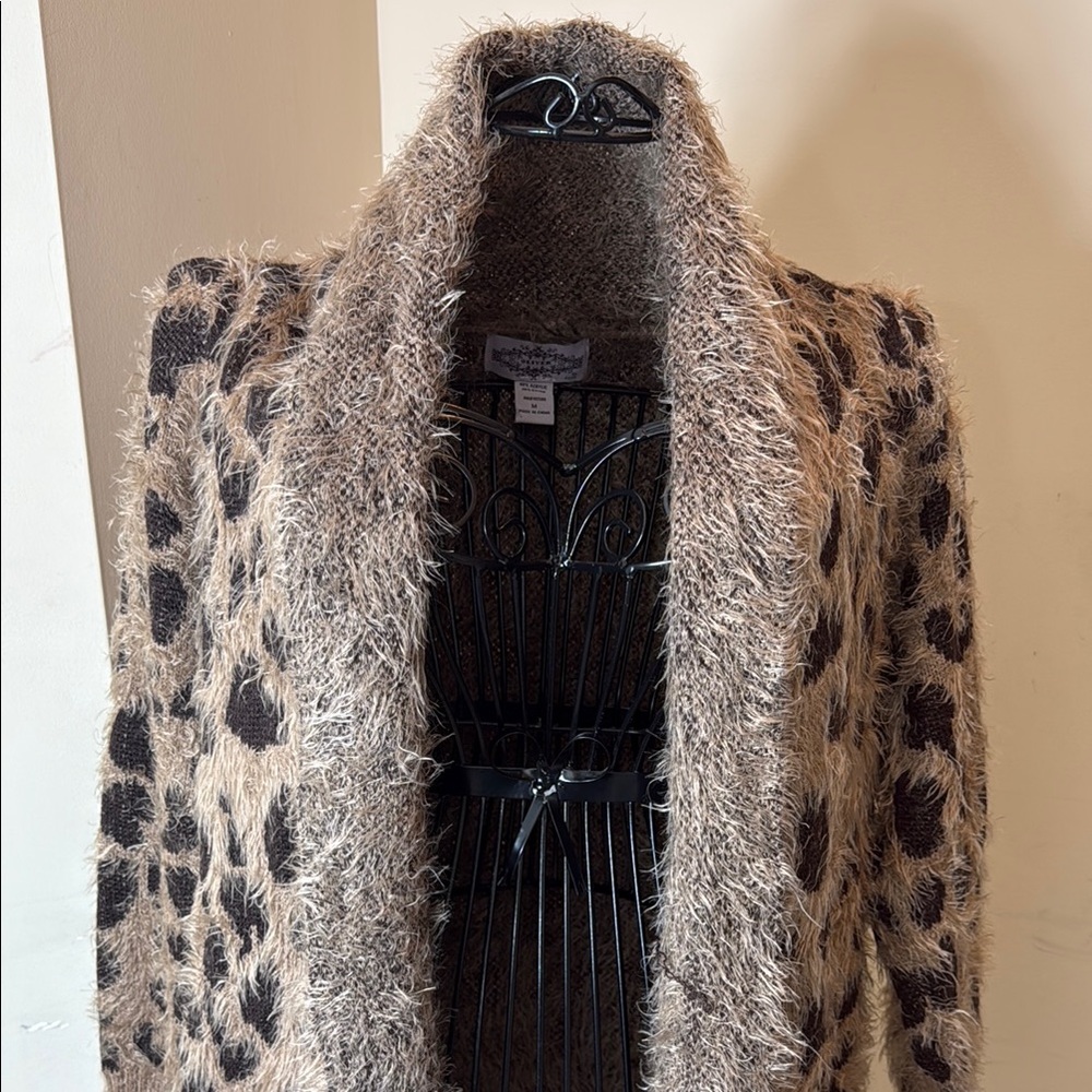 Oliver Brown & Tan Leopard Print Fuzzy Cardigan Sweater